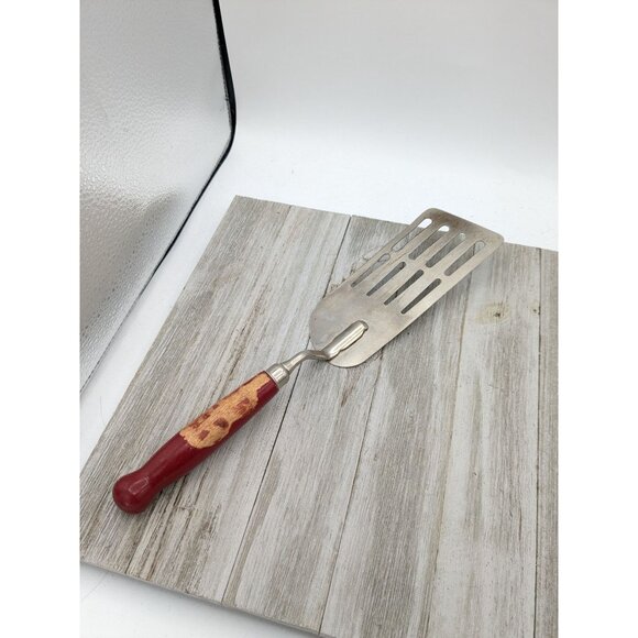 Vintage A&J Long Angled Spatula Slotted 12"  Red Wood Handle Chrome Plated - Picture 1 of 8